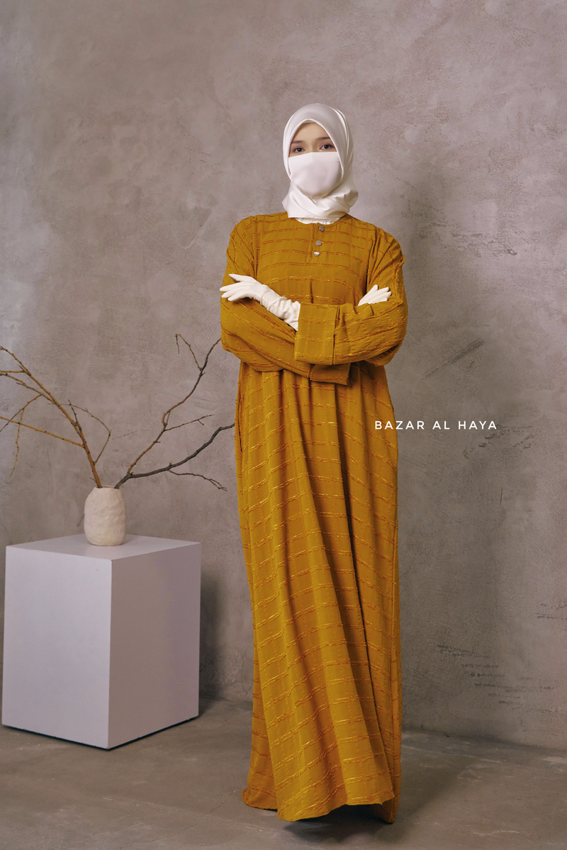 Mustard Feruza Loose Fit Abaya With Pockets - Square Pattern Jakarta Woven