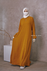 Mustard Feruza Loose Fit Abaya With Pockets - Square Pattern Jakarta Woven