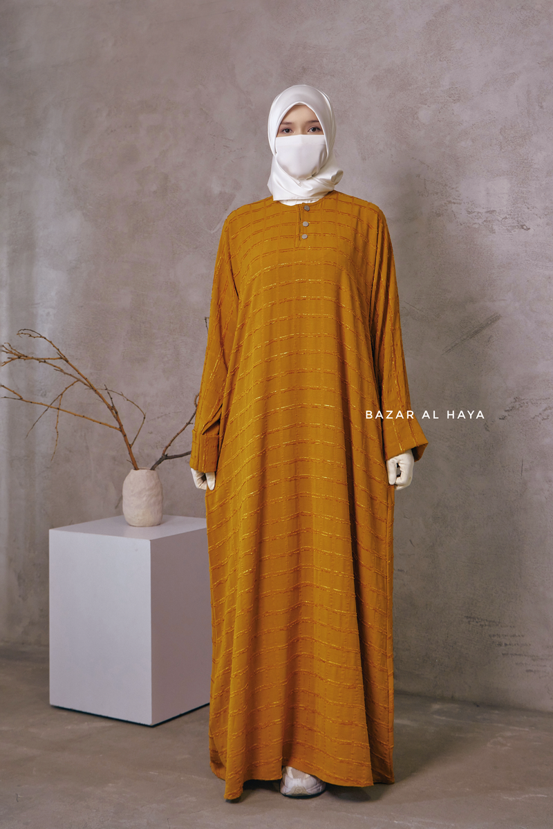 Mustard Feruza Loose Fit Abaya With Pockets - Square Pattern Jakarta Woven