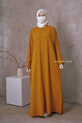 Mustard Feruza Loose Fit Abaya With Pockets - Square Pattern Jakarta Woven