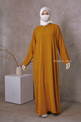 Mustard Feruza Loose Fit Abaya With Pockets - Square Pattern Jakarta Woven