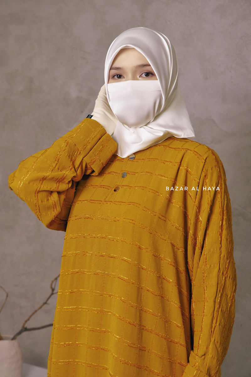 Mustard Feruza Loose Fit Abaya With Pockets - Square Pattern Jakarta Woven