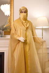 Humaira 3 Piece Abaya Set In Yellow Gold Organza Luxurious Kaftan With Inner Dress, Scarf