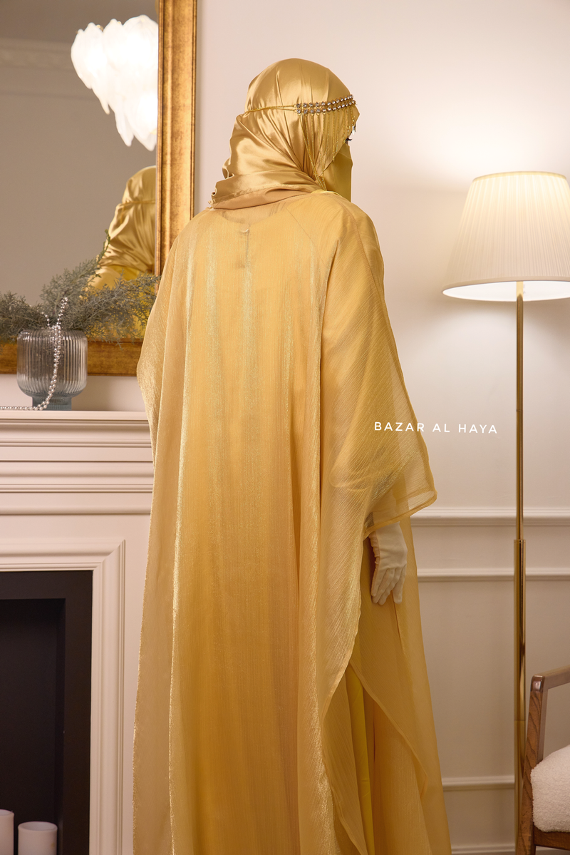 Humaira 3 Piece Abaya Set In Yellow Gold Organza Luxurious Kaftan With Inner Dress, Scarf