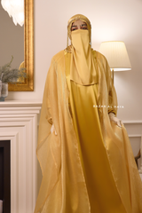 Humaira 3 Piece Abaya Set In Yellow Gold Organza Luxurious Kaftan With Inner Dress, Scarf