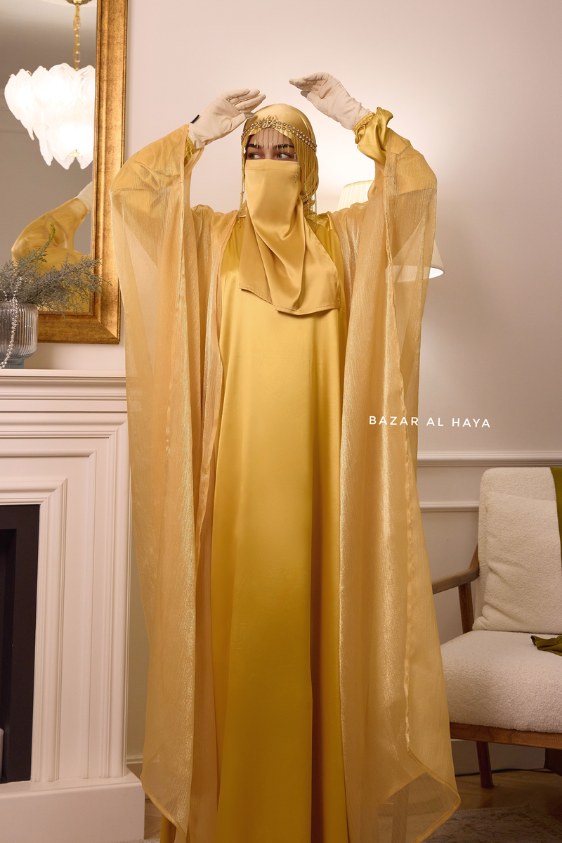 Humaira 3 Piece Abaya Set In Yellow Gold Organza Luxurious Kaftan With Inner Dress, Scarf