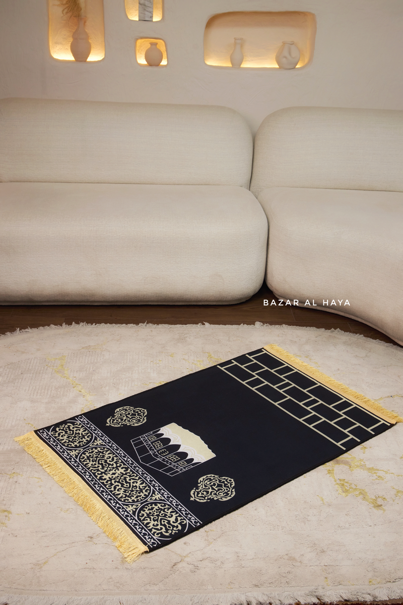 Non-Slip Prayer / Salah Mat with Golden Black Kaaba Design