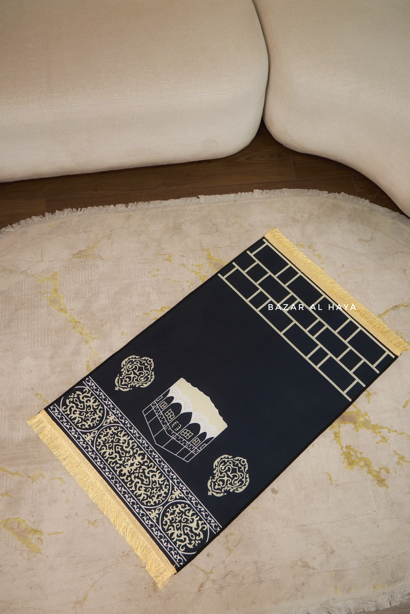 Non-Slip Prayer / Salah Mat with Golden Black Kaaba Design