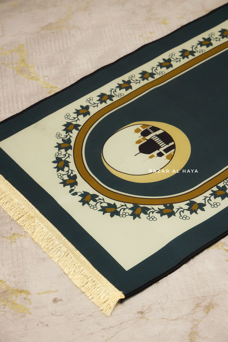 Non-Slip Prayer / Salah Mat with Gold Dark Green - Beautiful Design