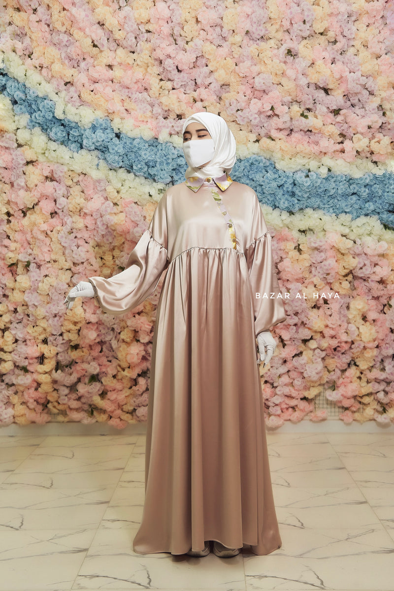 Nari Desert Gold Loose Fit Abaya Dress With Snap Buttons - Pure Silk