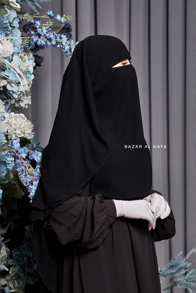 Two Layer Black Flap Niqab - Premium Wool Chiffon - Medium