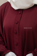 Burgundy Safa Loose - Fit Abaya With Button Front - Silk Crepe