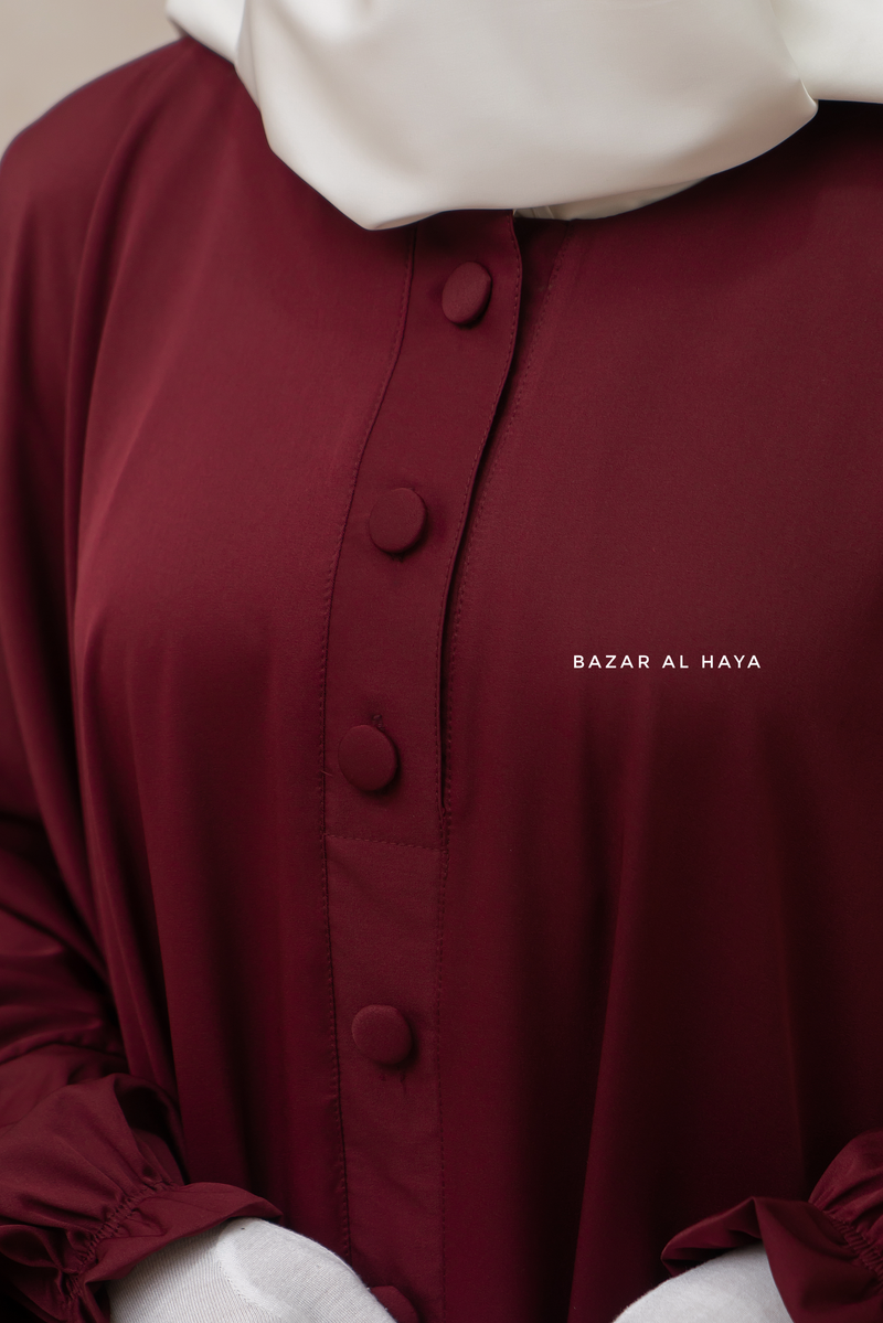 Burgundy Safa Loose - Fit Abaya With Button Front - Silk Crepe