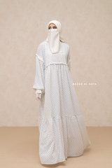 Mubina White Polka Dot Tiered Pretty Abaya Dress - Loose & Wide In Nidha