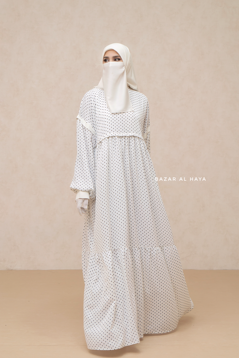 Mubina White Polka Dot Tiered Pretty Abaya Dress - Loose & Wide In Nidha