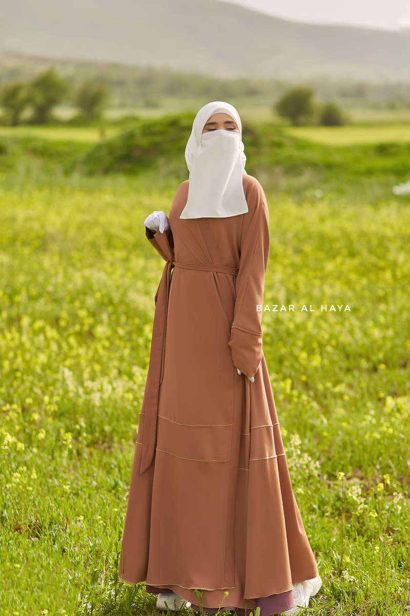 Fathiya Latte Open Front Abaya In Nida - Relaxed Fit