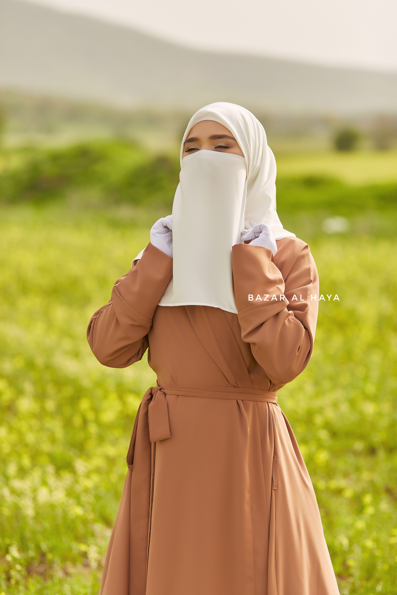 Fathiya Latte Open Front Abaya In Nida - Relaxed Fit