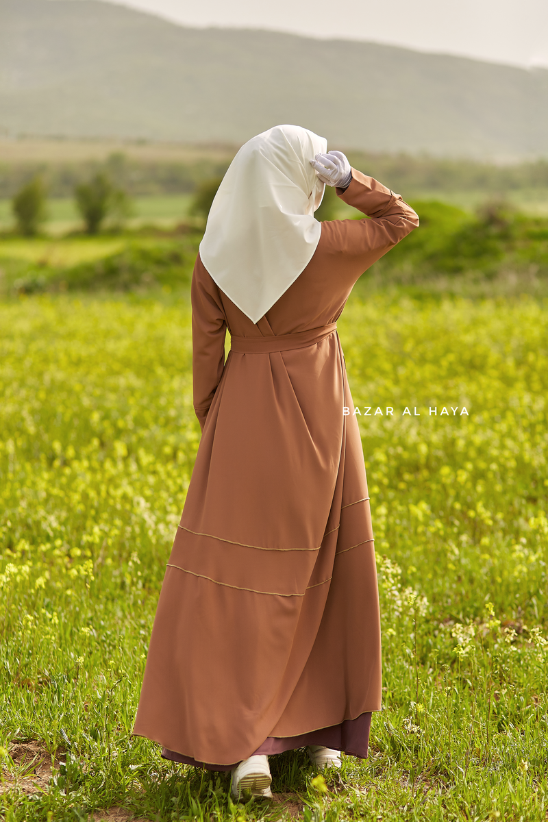 Fathiya Latte Open Front Abaya In Nida - Relaxed Fit