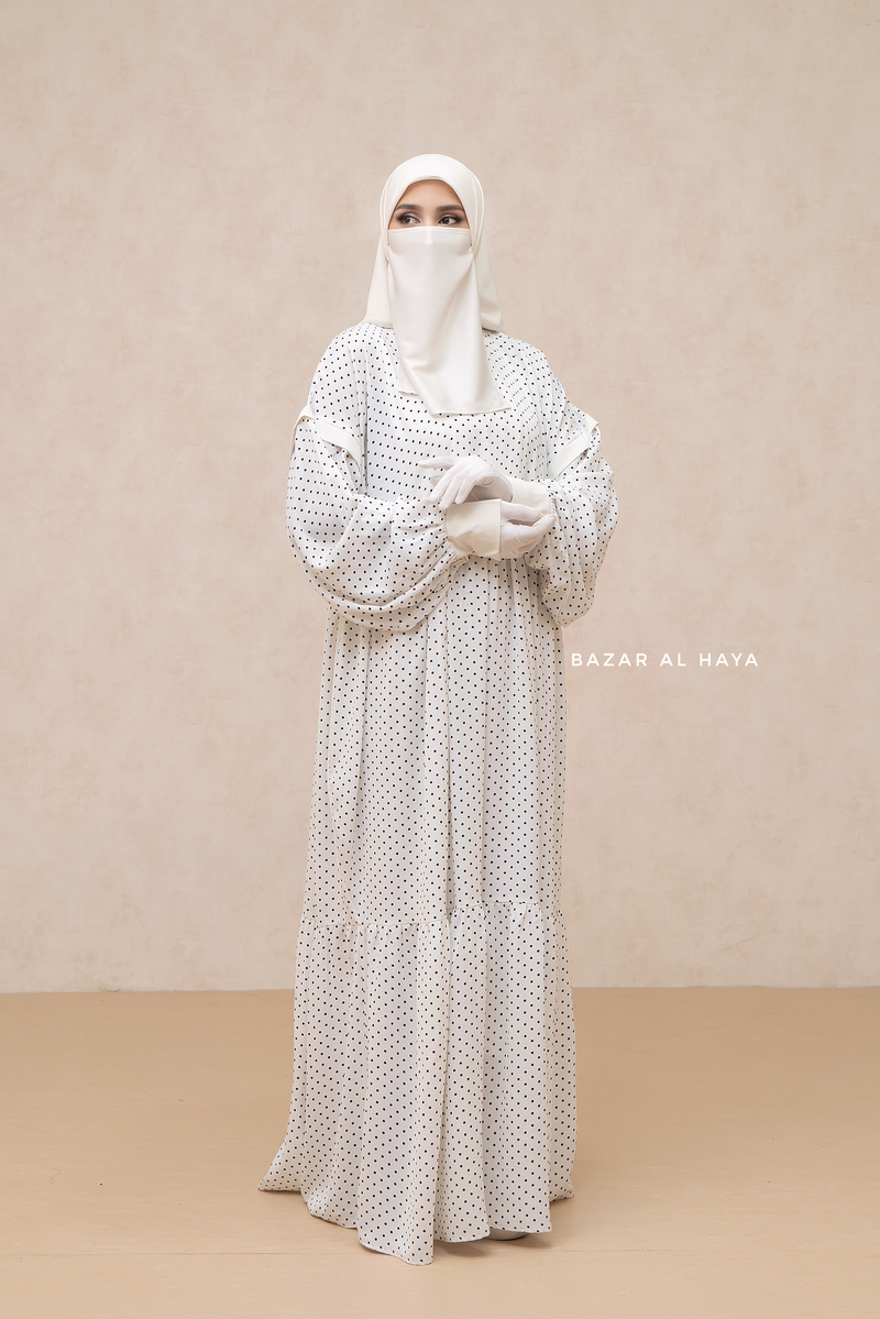 Mubina White Polka Dot Tiered Pretty Abaya Dress - Loose & Wide In Nidha