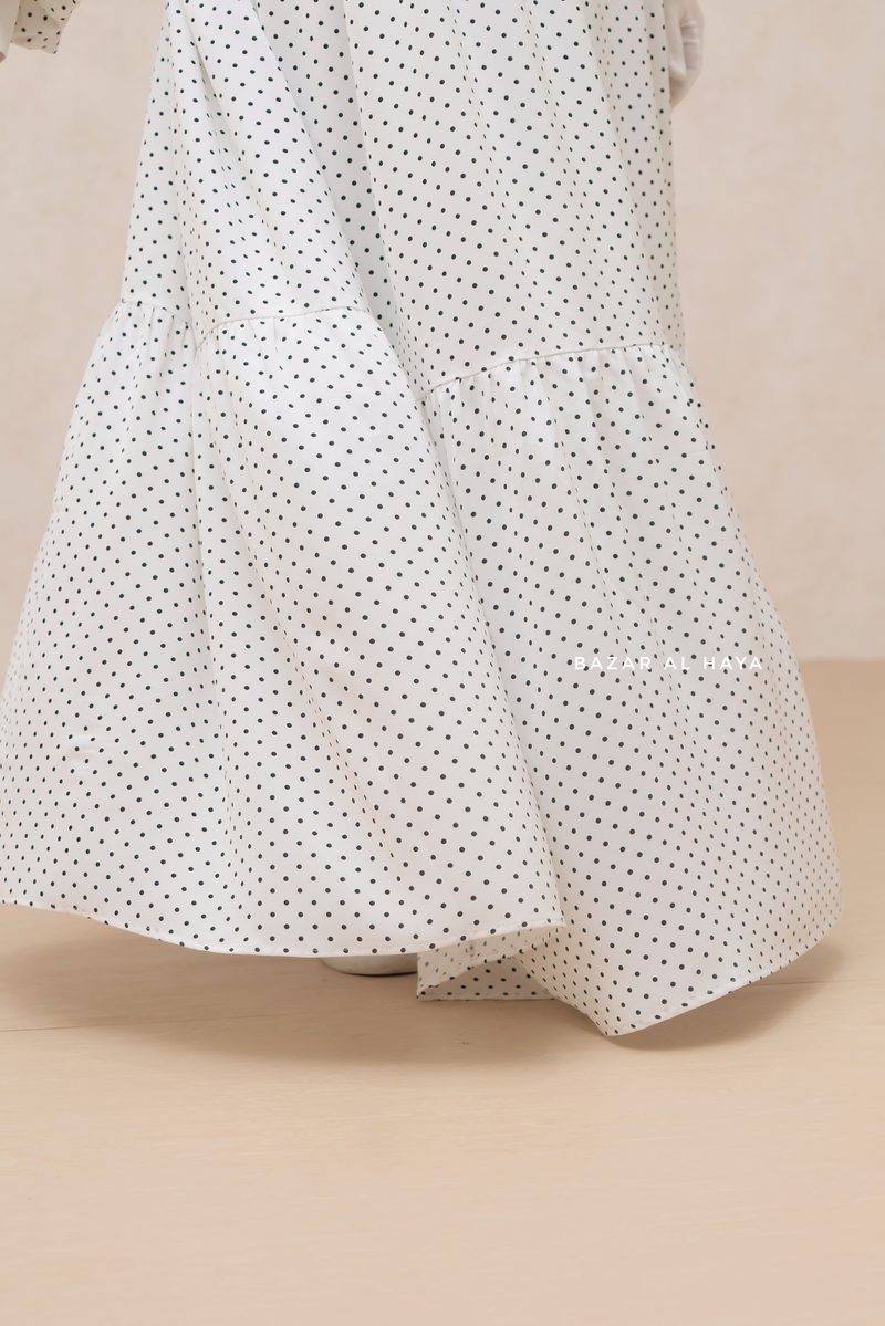 Mubina White Polka Dot Tiered Pretty Abaya Dress - Loose & Wide In Nidha