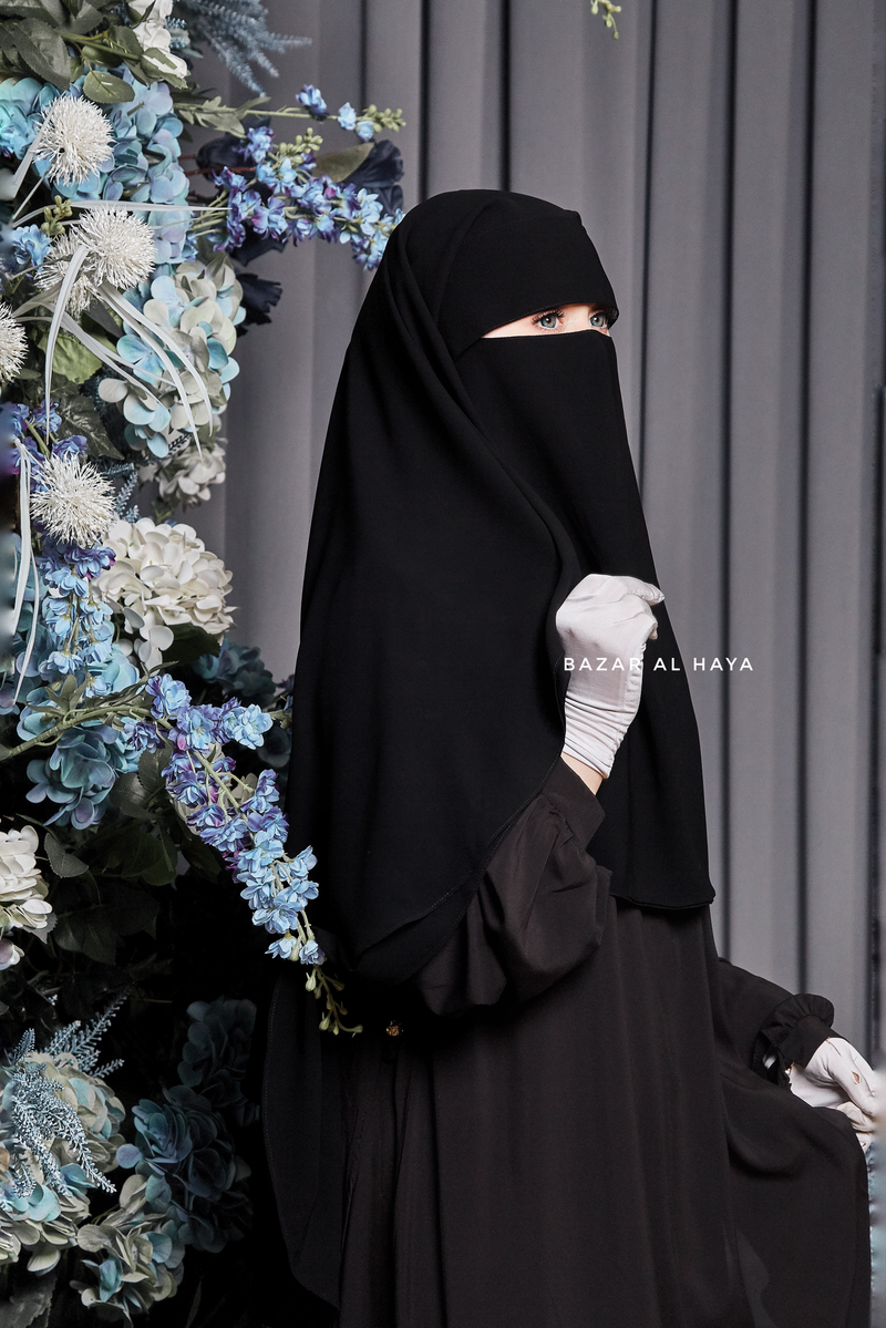 Two Layer Black Flap Niqab - Premium Wool Chiffon - Medium