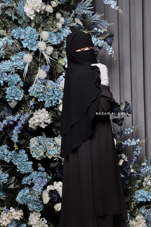 Two Layer Black Flap Niqab - Premium Wool Chiffon - Medium