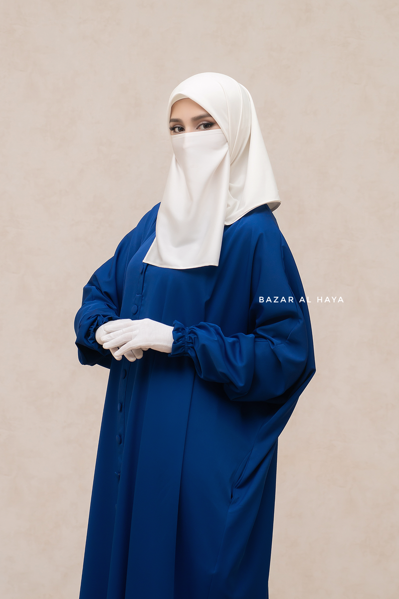 Royal Blue Safa Loose - Fit Abaya With Button Front - Silk Crepe