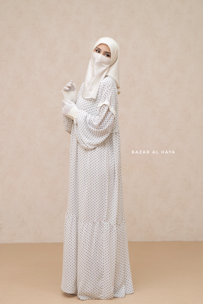 Mubina White Polka Dot Tiered Pretty Abaya Dress - Loose & Wide In Nidha