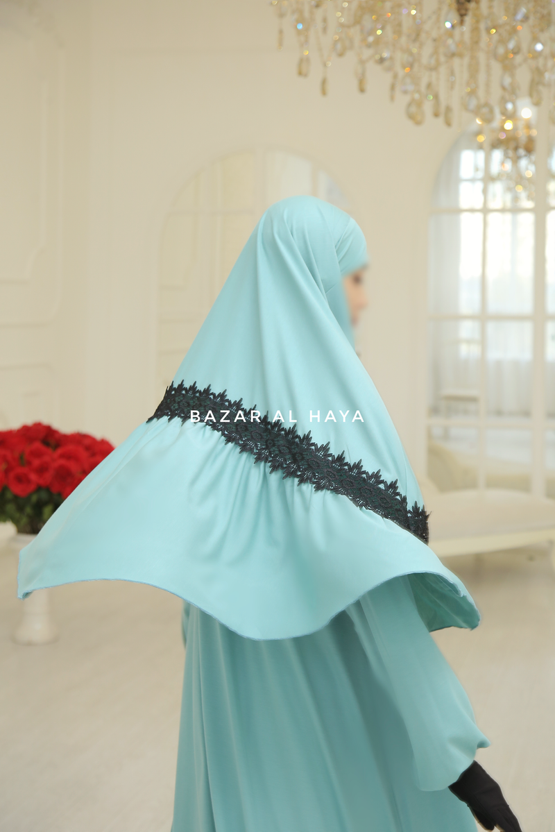 Mint Tieback Ruffle Lace Short Khimar - Soft Cotton