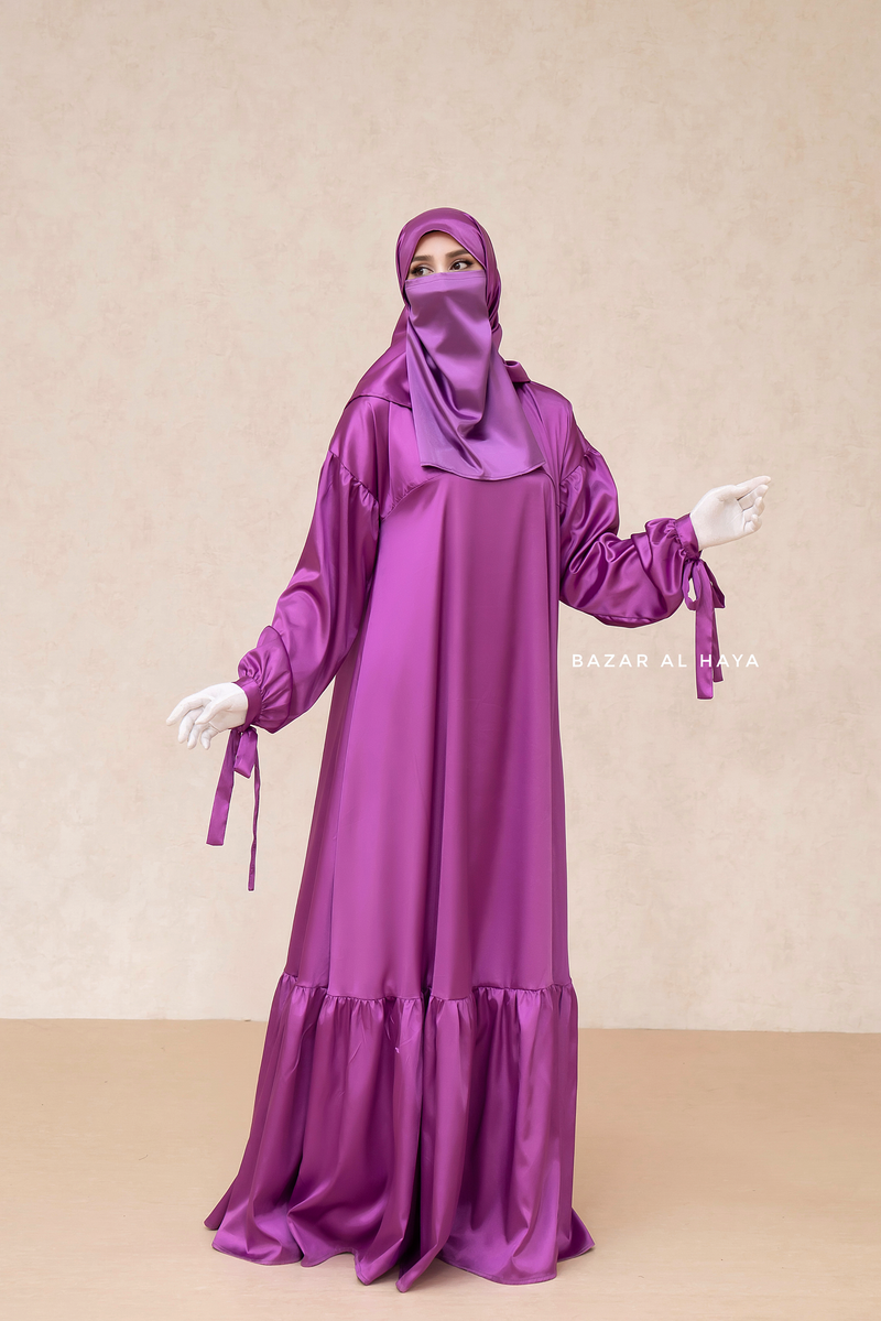 Purple Elegant Shaheen Satin Dress Scarf & Slip Dress Set - 3 Piece