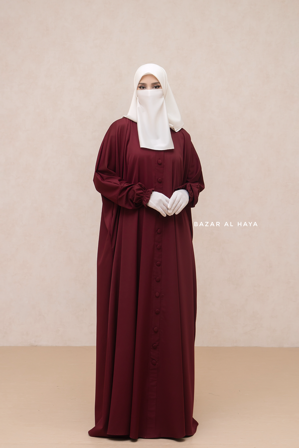 Burgundy Safa Loose - Fit Abaya With Button Front - Silk Crepe