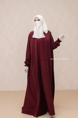 Burgundy Safa Loose - Fit Abaya With Button Front - Silk Crepe