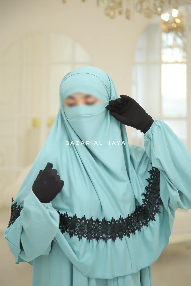 Mint Tieback Ruffle Lace Short Khimar - Soft Cotton