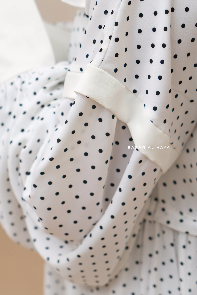 Mubina White Polka Dot Tiered Pretty Abaya Dress - Loose & Wide In Nidha