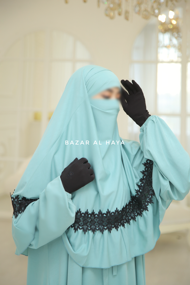 Mint Tieback Ruffle Lace Short Khimar - Soft Cotton