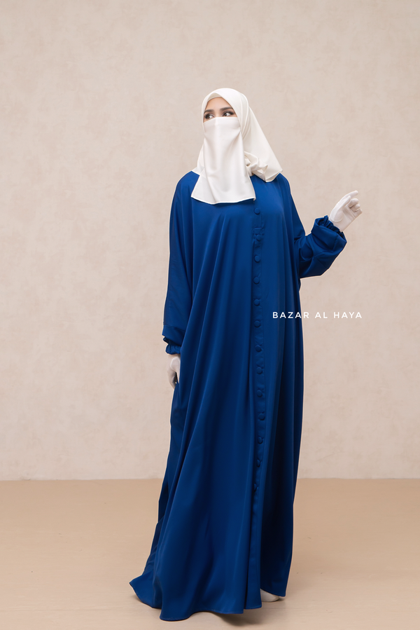 Royal Blue Safa Loose - Fit Abaya With Button Front - Silk Crepe