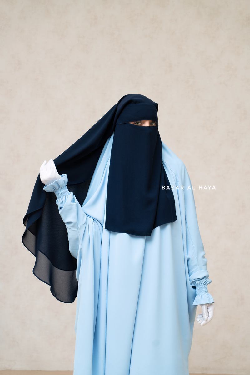 Dark Blue Two Layer Flap Niqab - Premium Wool Chiffon - Medium