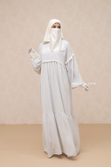 Mubina White Polka Dot Tiered Pretty Abaya Dress - Loose & Wide In Nidha