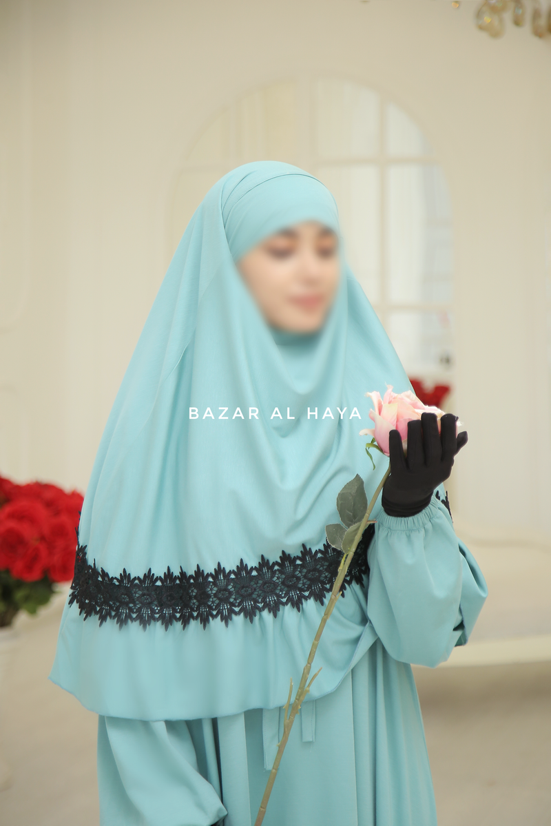 Mint Tieback Ruffle Lace Short Khimar - Soft Cotton