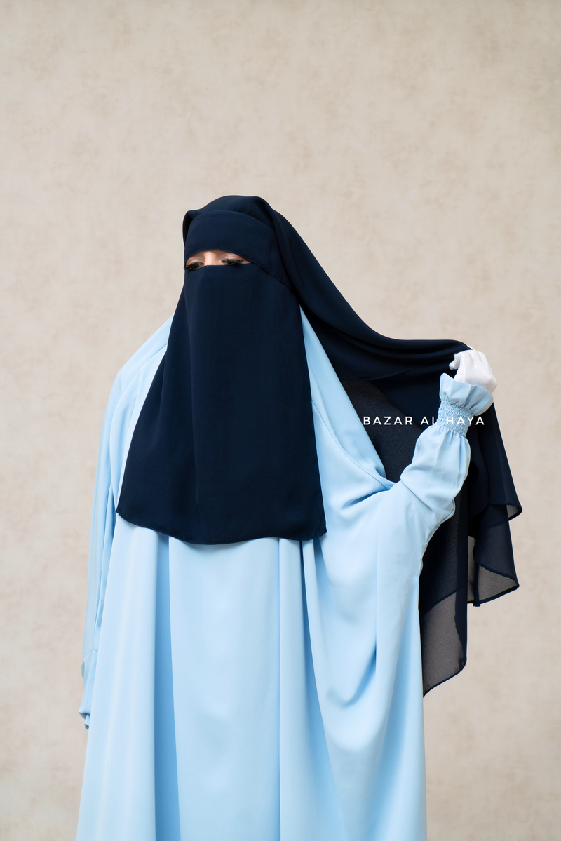 Dark Blue Two Layer Flap Niqab - Premium Wool Chiffon - Medium