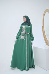 Farha Emerald Moroccan Embroidered Luxurious Silk Kaftan Abaya