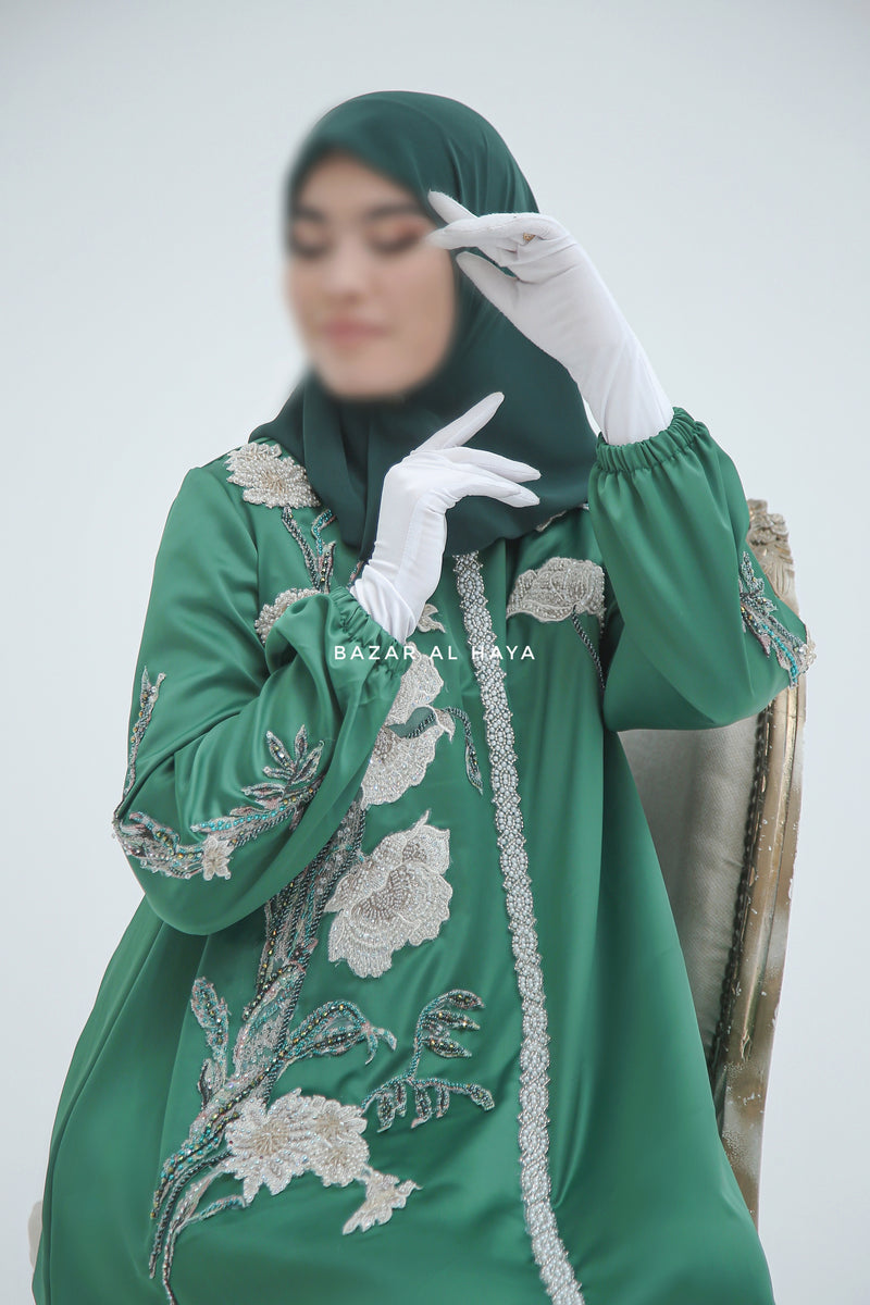 Farha Emerald Moroccan Embroidered Luxurious Silk Kaftan Abaya