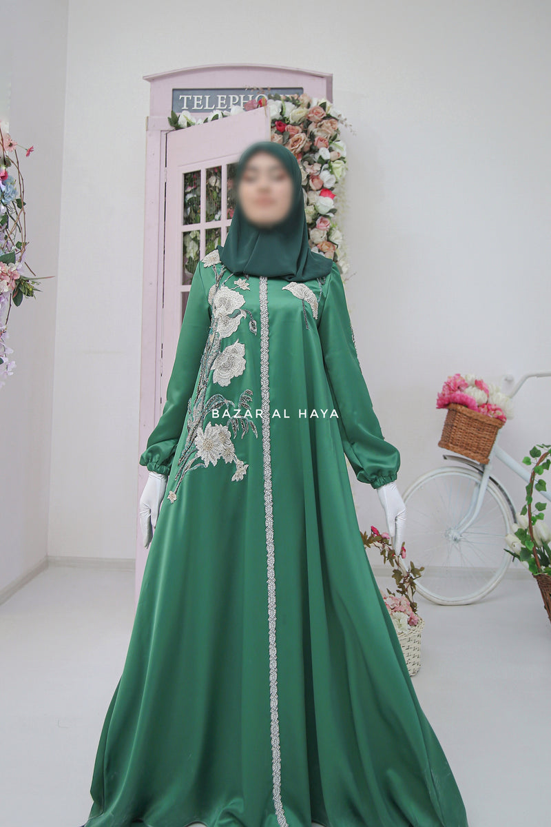 Farha Emerald Moroccan Embroidered Luxurious Silk Kaftan Abaya