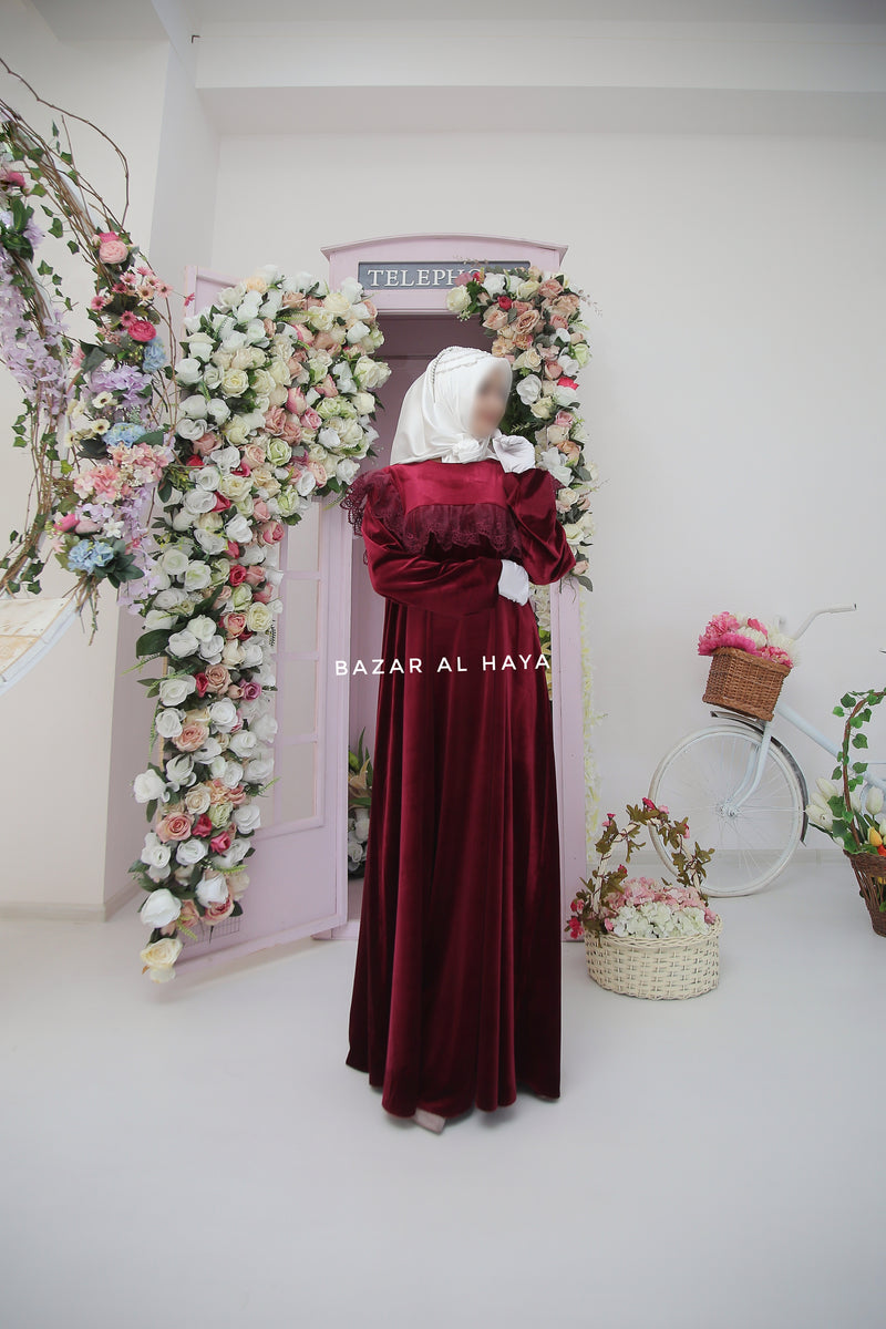 Nabeela Burgundy Dress With Lace Shoulder Detail - Premium Velour