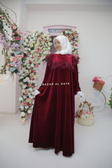 Nabeela Burgundy Dress With Lace Shoulder Detail - Premium Velour