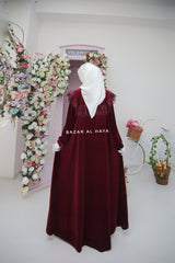 Nabeela Burgundy Dress With Lace Shoulder Detail - Premium Velour