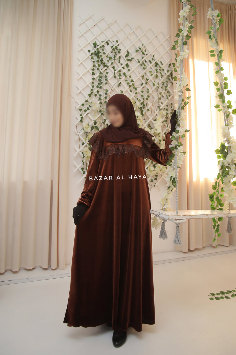 Pecan Nabeela Dress With Lace Shoulder Detail - Premium Velour