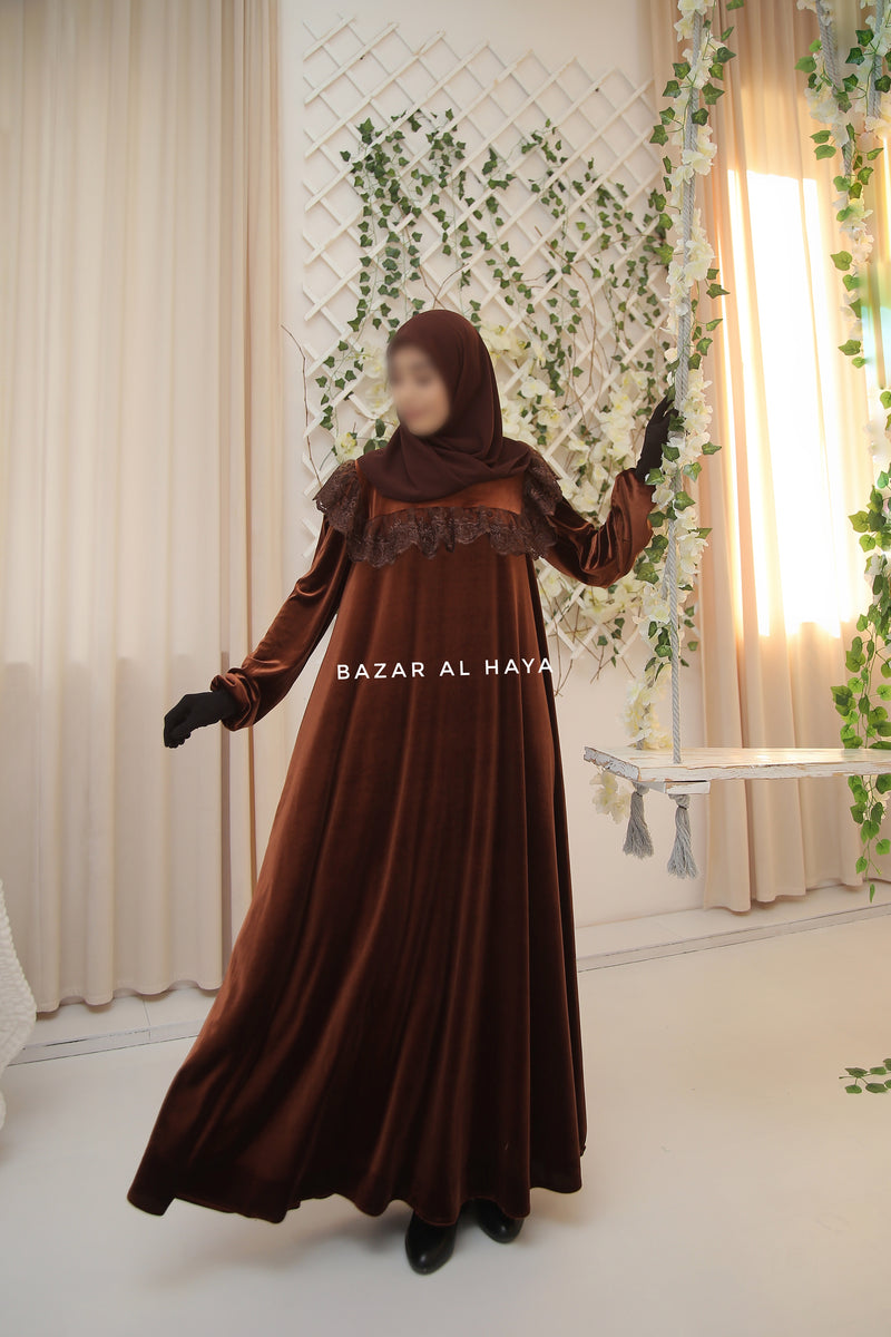 Pecan Nabeela Dress With Lace Shoulder Detail - Premium Velour