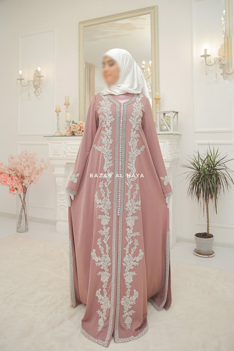 Duha Dusty Rose Moroccan Embroidered Luxurious Kaftan Abaya With Silk Dress & Belt Set - 3 Piece