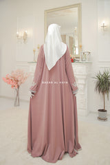 Duha Dusty Rose Moroccan Embroidered Luxurious Kaftan Abaya With Silk Dress & Belt Set - 3 Piece